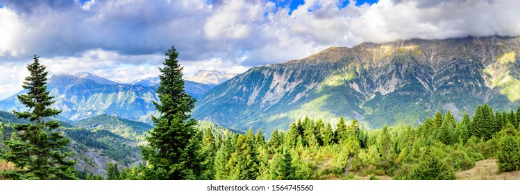 Wide panoramic view of mountains of Tzoumerka National Park. Greece