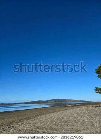 Wide panoramic view of sandy Oreti Beach under a deep clear blue sky near Invercargill.