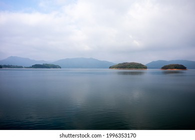 Wide Panoramic View At Summer Calm Lake In Eastern China With Very Small Island