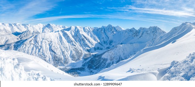 Wide panoramic view of winter landscape with snow covered Alps in Seefeld in the Austrian state of Tyrol. Winter in Austria - Powered by Shutterstock