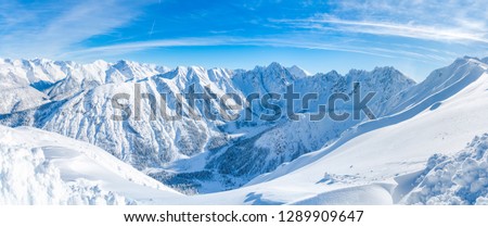 Wide panoramic view of winter landscape with snow covered Alps in Seefeld in the Austrian state of Tyrol. Winter in Austria
