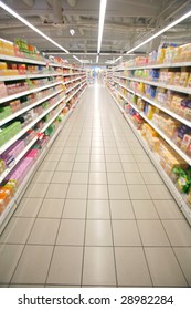 Wide Perspective Of Empty Supermarket Aisle