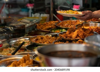wide range choices of asian dishes, economy rice or mixed rice stall  Hawker food  Selective focus