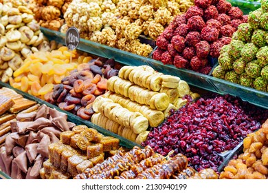 Wide range of sweets at the Grand Bazaar in Istanbul, Turkey. The historical market is a popular tourist destination and one of oldest markets in the world.