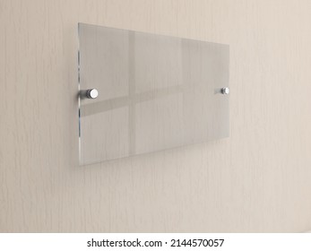 Wide rectangle gray glass nameplate plate on spacer metal holders. Clear printing board for branding. Acrilic advertising signboard on beige background mock-up side view. proportional 1 to 2.