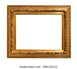 wide red gold wooden picture frame with nameplate and blank canvas cutout on white background