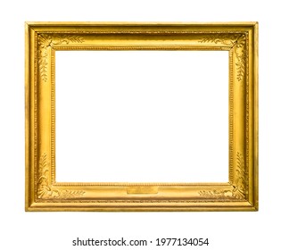 wide retro wood picture frame with nameplate and blank canvas cutout on white background