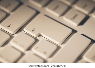 Wide return keycap is being shown in photoreal 3D render, showing left-turn arrow and shallow depth. Keyboard, macro, closeup, texture, plastic, offwhite, cream