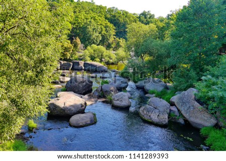 wide rocky river surrounded by beautiful tall trees