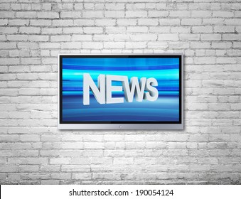 Wide Screen TV On Brick Wall With News