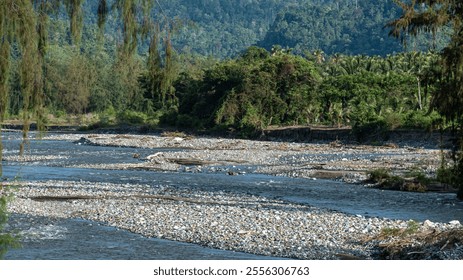 wide, shallow river winds through a rocky riverbed, surrounded by lush vegetation and distant mountains. - Powered by Shutterstock