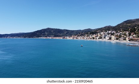 Wide Shot Of Alassio Beach In Italy And Clear Sky