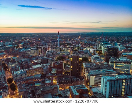 Wide shot of Birmingham City Centre at Sunset 