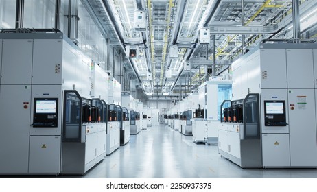 Wide shot of Bright Advanced Semiconductor Production Fab Cleanroom with Working Overhead Wafer Transfer System. Computer Chip Manufacturing Process. - Shutterstock ID 2250937375