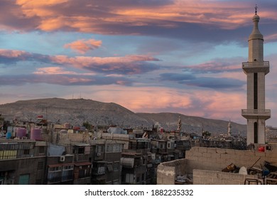 Wide Shot Of The City And Mount Of  Qasioun Mountin In Damascus, Syria, 19.09.2020