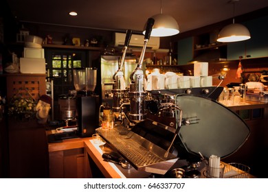 Wide Shot Of Coffee Machine In Coffee Shop, Cafeteria, Services Concept, Warm Filter