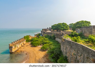 wide shot of Diu fort at sea shore in Diu, India