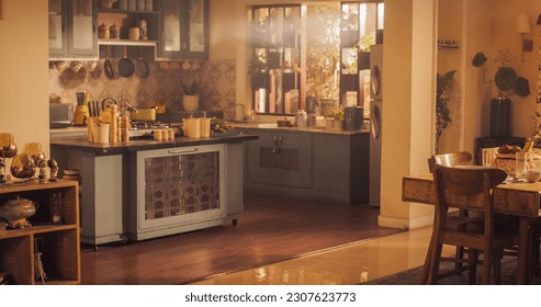 Wide Shot of an Empty Cosy Kitchen Decorated with Indian Style. Stylish Traditional South Asian Home with Utensils and Wide Window Letting the Spring Warmth and Light in. Vintage Warm Aesthetic - Shutterstock ID 2307623773