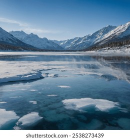 Wide shot of a frozen lake with snow-covered mountains, under a clear blue sky, capturing the stillness of winter - Powered by Shutterstock