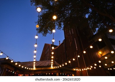 Wide shot of Hanging light bulbs in outdoor terrace, warm light source  - Powered by Shutterstock