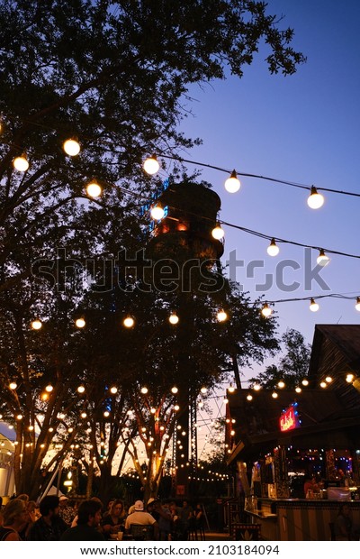 Wide shot of Hanging light bulbs in outdoor\
terrace, warm light source . Vertical\
shot