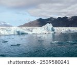 Wide shot of an icy bay with floating icebergs, surrounded by mountains. This tranquil scene captures the essence of Iceland