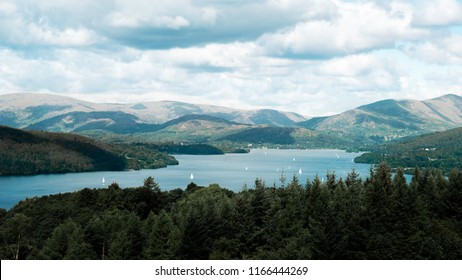 Wide Shot Of Lake Windermere In The Lake District For The End Of Summer. Beautiful Colors And A Moody Sky.