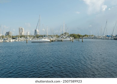 Wide shot Looking north from Demens Landing Park over bright blue water to St. Petersburg, Florida cityscape . Sailboats in the marina blue and white sky.
 - Powered by Shutterstock