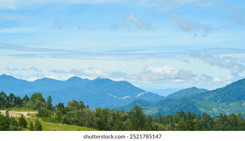 Wide shot of a mountain range covered with forest under a blue sky with clouds - Powered by Shutterstock