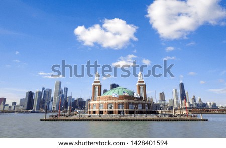 Wide Shot of Navy Pier and  Chicago Skyline on a Clear Summer Day - Illinois, USA