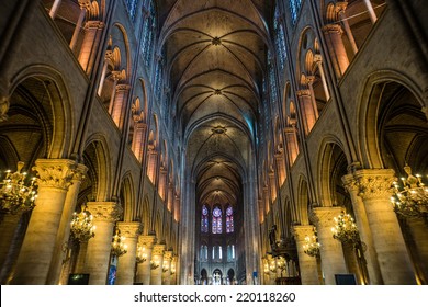 Wide Shot Of Notre Dame Cathedral Interior, Paris, France