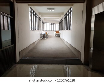 Wide Shot Of Old Hospital Walk Way With Dark And Sad Feeling.