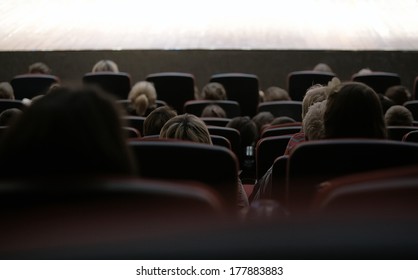 Wide Shot Of Sihouettes Of People From Back Watching Stage Performance.