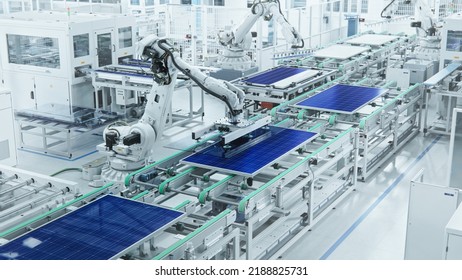 Wide Shot of Solar Panel Production Line with Robot Arms at Modern Bright Factory. Solar Panels are being Assembled on Conveyor. - Shutterstock ID 2188825731