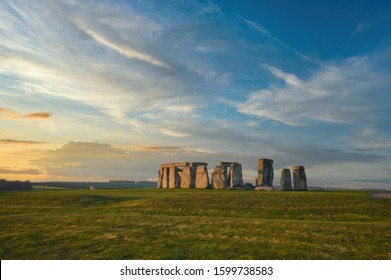 Wide Shot Of Stonehenge In Early Morning Light With No People 