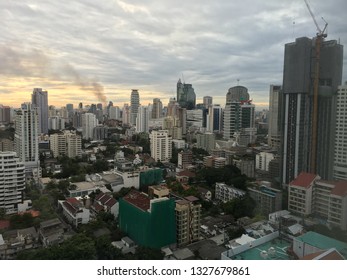 Wide Skyline Of Bangkok, Thailand From Hotel. Pretty Evening Sky In Background.