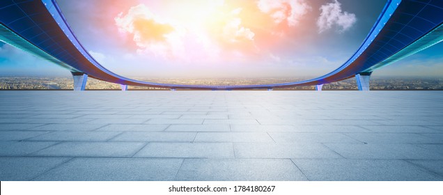 Wide Square Floor And Pedestrian Bridge With City Skyline In Shanghai,High Angle View.