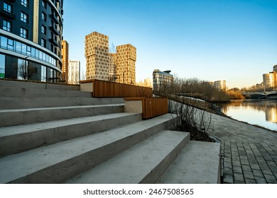 A wide stone staircase in the city near the houses. - Powered by Shutterstock