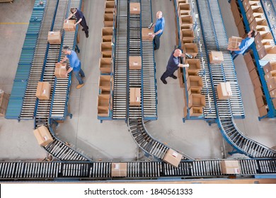 Wide Top View Of Workers Scanning And Packing Boxes On Conveyor Belts At A Distribution Warehouse.