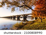 Wide View of Bridge Span Across Susquehanna River in Pennsylvania Before Sunset in the Fall