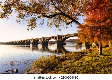 Wide View of Bridge Span Across Susquehanna River in Pennsylvania Before Sunset in the Fall