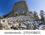 A wide view of Devils Tower rising above a field of snow-dusted boulders and pine trees under a clear blue sky.