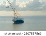 Wide View east from North Shore Park over Tampa Bay. Damaged blue and white sailboat leaning to right with white sails and flag waving. Calm blue water, blue sky and white clouds. Reflections of sun 