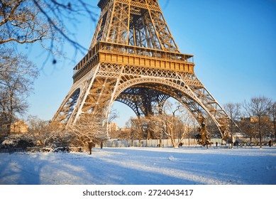Wide view of the Eiffel Tower with its base surrounded by snow-covered trees and park grounds in Paris. Captured on a bright winter morning, with people walking in the distance and long shadows