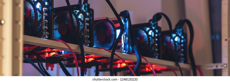 Wide View Of Five Crypto Currency Graphic Cards Mining Rig In Modern Technology Conceptual Image.