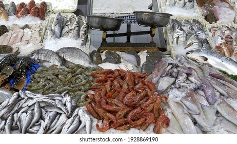 Wide View Of Fresh Seafood On Display At A Market In Casablanca, Morroco