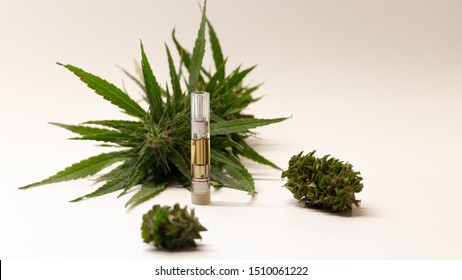 Wide view of hemp derived CBD oil infused vape smoking refill cartridges on white background with large hemp flower buds. Generic product image. Popular cigarette smoking substitute. Copy space right.