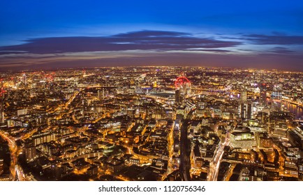 Wide View Of London City In A Beautiful Night. Aerial Shot