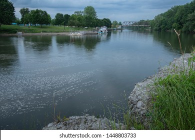 Wide View Of Mohawk River In Bellamy Harbor Park, Rome, New York