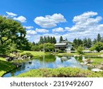 a wide view of the Nikka Yuko Japanese Garden near Henderson Lake in Lethbridge, Alberta, Canada.